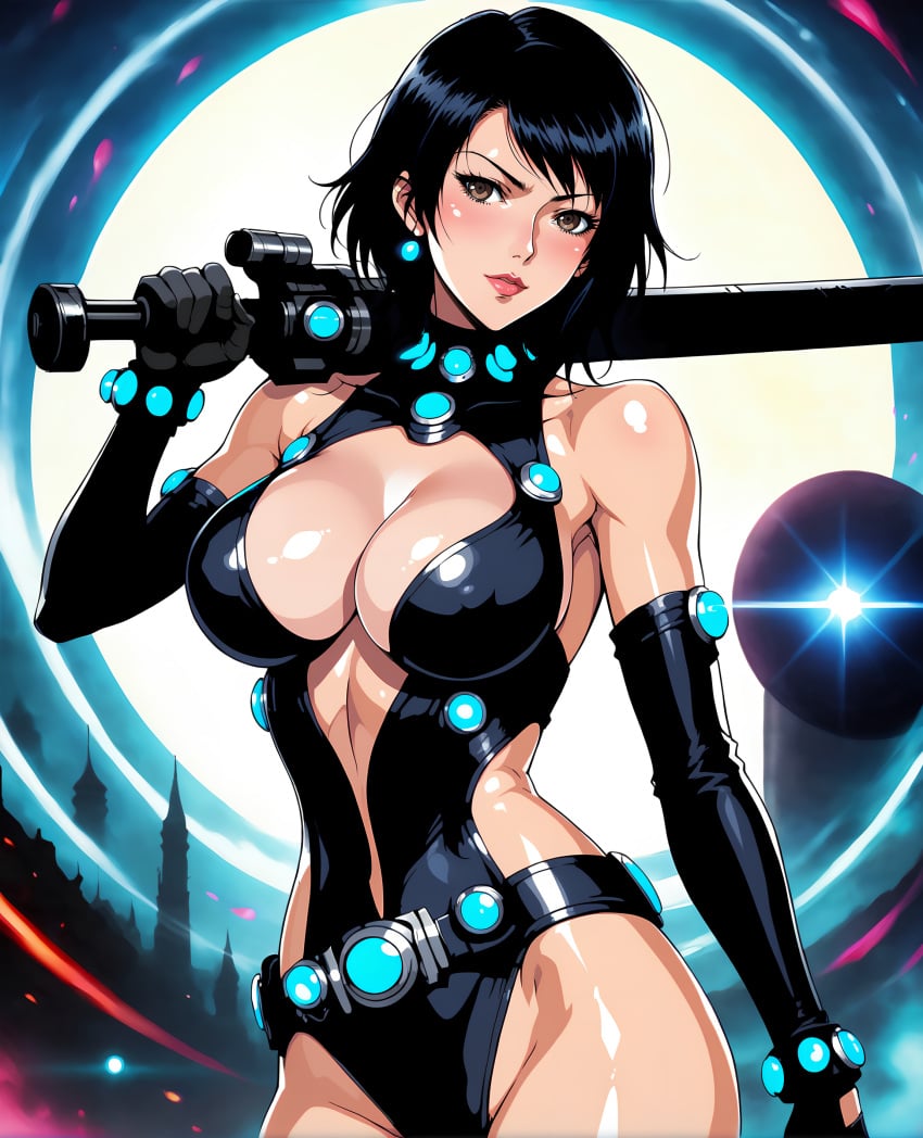 ai_generated black_hair boob_window cleavage cleavage_cutout clothing clothing_cutout gantz gantz_(cosplay) gantz_suit gloves leotard medium_breasts mexkwigo original shiny_skin short_hair sword weapon