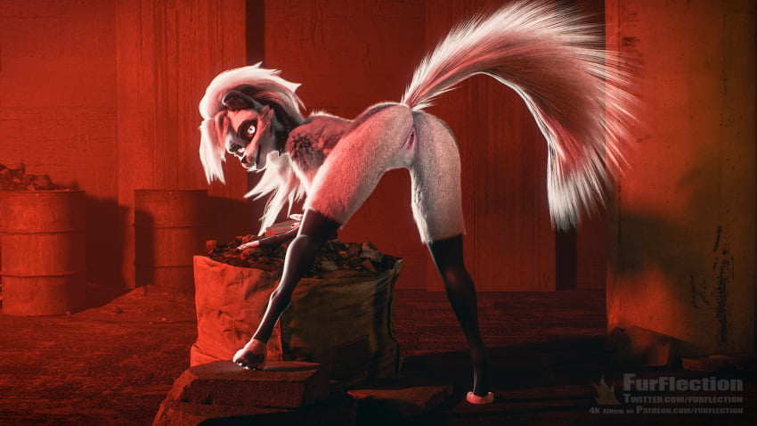 16:9 3d_(artwork) anthro ass bent_over black_clothing black_nails breasts canid canid_demon canine canis clothed clothing collar colored_nails demon digital_media_(artwork) female fluffy fluffy_tail fur furflection genitals glowing glowing_eyes hair hellhound helluva_boss hi_res legwear long_hair looking_at_viewer loona_(helluva_boss) mammal mythological_canine mythological_creature mythology nails pussy red_sclera solo spiked_collar spikes standing tail thigh_highs white_body white_fur white_hair widescreen wolf