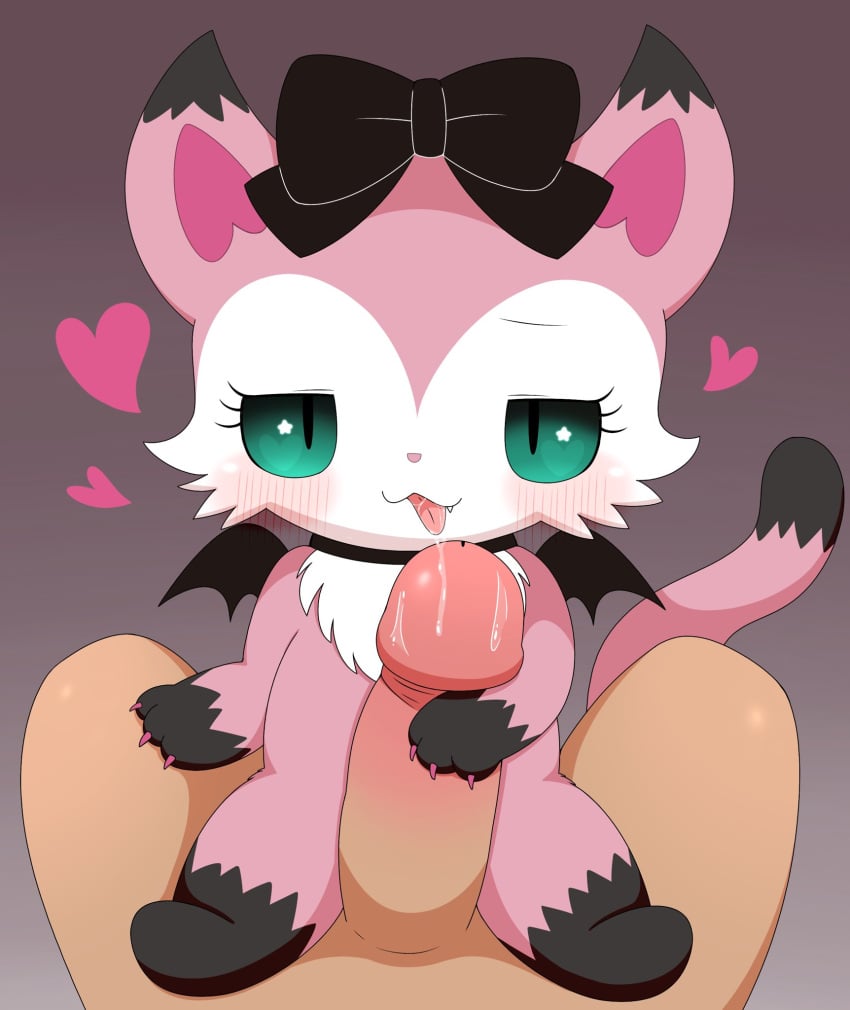 anthro azuo beatcats claws domestic_cat duo felid feline felis female fur genitals green_eyes heart_symbol hi_res human human_on_anthro interspecies male male/female mammal mia_(beatcats) penis pink_body pink_fur sanrio sega sega_fave sega_toys thick_calves thick_leg thick_thighs tongue uncensored vampire