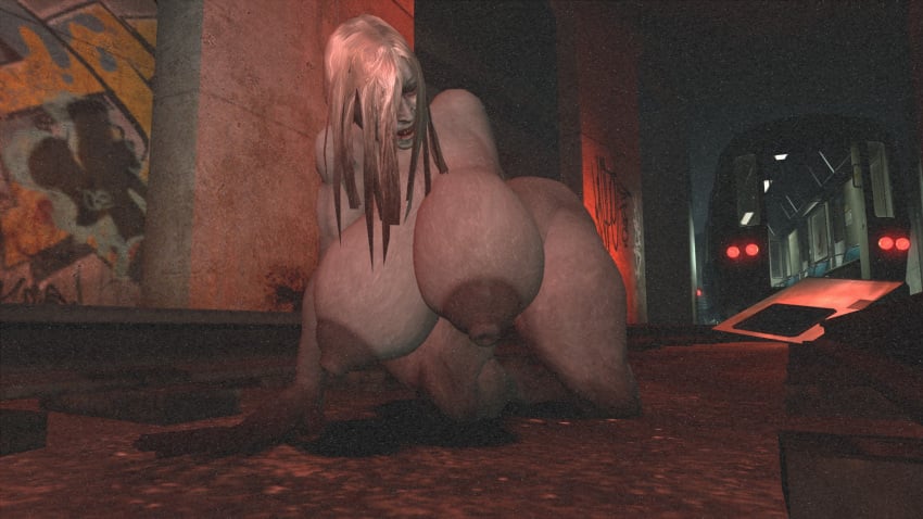 3d bent_over big_breasts claws damndirtydog grey_body huge_areolae huge_breasts left_4_dead puffy_nipples source_filmmaker subway the_witch witch_(left_4_dead) zombie zombie_girl