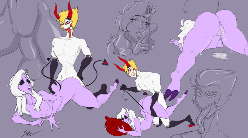 blonde_hair blonde_male blowjob cum_in_pussy demon_male demon_tail hazbin_hotel long_tongue lucifer_morningstar_(hazbin_hotel) male/female male_penetrating male_penetrating_female oc purple_skin small_breasts tail_grab tail_pull unknown_female white_hair white_hair_female white_skin