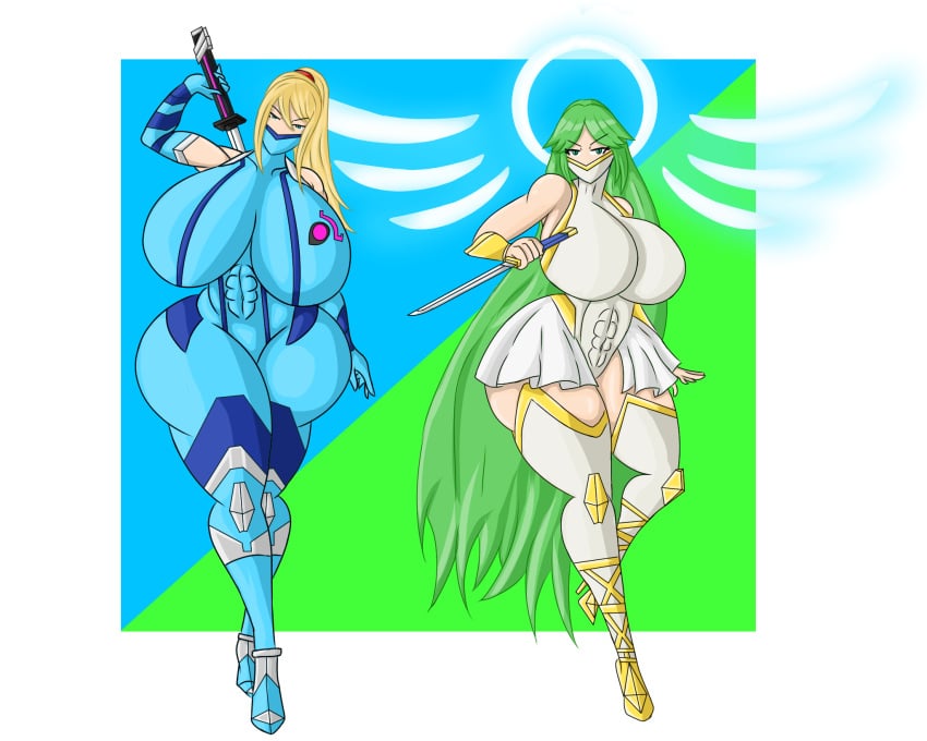 2girls abs alternate_costume blonde_hair blue_eyes company_connection crossover duo f_e_ female female_focus female_only green_eyes green_hair huge_breasts katana kid_icarus large_ass large_thighs mask masked masked_female metroid nintendo palutena samus_aran self_upload skirt sword taimanin_(series) taimanin_suit zero_suit