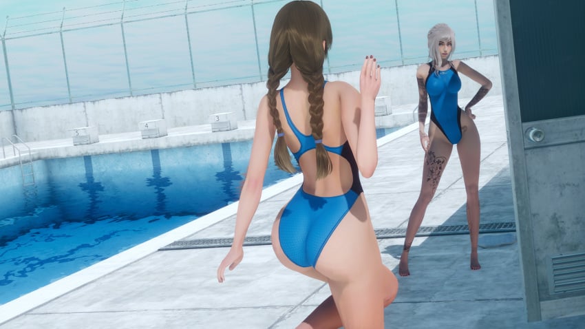 2girls 3d alex_(eternum) ass ass_focus big_breasts black_nails blue_eyes blue_one-piece_swimsuit blue_swimsuit boobs braid braided_hair breasts brown_hair brunette_hair butt butt_focus caribdis competition_swimsuit dalia_(eternum) duo duo_female eternum grey_hair hand_on_hip large_breasts light-skinned_female light_skin long_hair medium_hair multiple_girls one-piece_swimsuit outside pool red_nails school_swimsuit tattoo tattoos tits water waving waving_hand