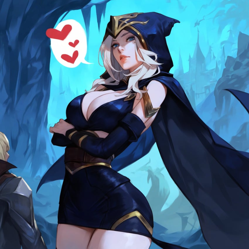 ai_generated arms_crossed ashe_(league_of_legends) blonde_hair dress female league_of_legends miniskirt pale_skin pumpkinseed