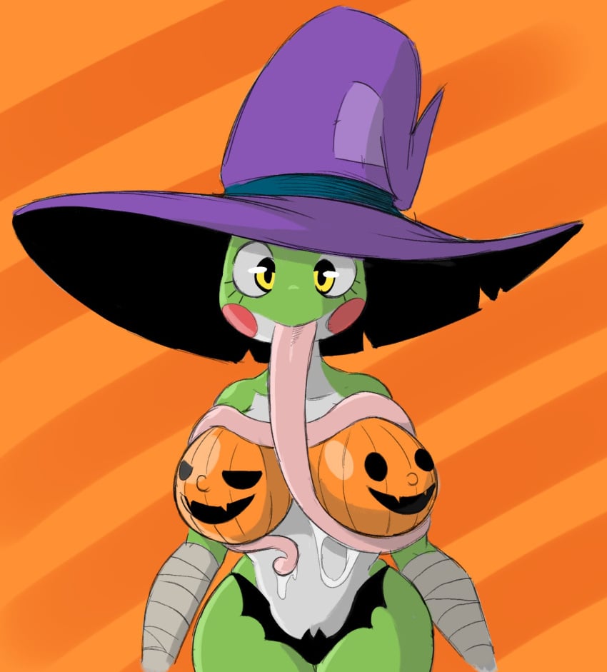 1girls abstract_background amphibian anthro auto_breast_lick big_breasts bikini bikini_bottom biped bodily_fluids bodypaint breast_lick breast_play breasts clothed clothing costume countershade_torso countershading curvy_figure dripping erect_nipples female female_only frog green_body grefina_(noirchaton4) halloween halloween_costume hat headgear headwear hi_res holidays hourglass_figure huge_breasts jack-o'-lantern licking mostly_nude nipples noirchaton4 nude painted_clothes pumpkin_boobs pussy saliva saliva_drip self_lick solo swimwear tongue tree_frog white_body wide_hips witch_hat yellow_eyes