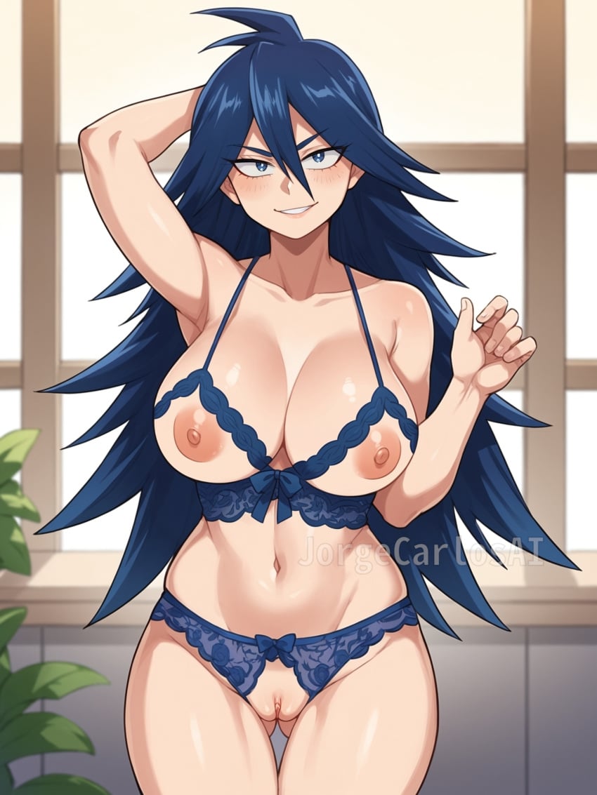 ai_generated arm_up big_breasts blue_eyes blue_hair boku_no_hero_academia busty cleavage crotchless_panties female female_focus female_only jorgecarlosai lingerie long_hair looking_at_viewer mature mature_female mature_woman midnight_(my_hero_academia) my_hero_academia my_hero_academia:_heroes:_rising my_hero_academia:_two_heroes my_hero_academia_the_movie:_world_heroes’_mission navel nemuri_kayama nipples pussy see-through see-through_bra see-through_panties smile solo spiked_hair standing tagme thigh_gap toned