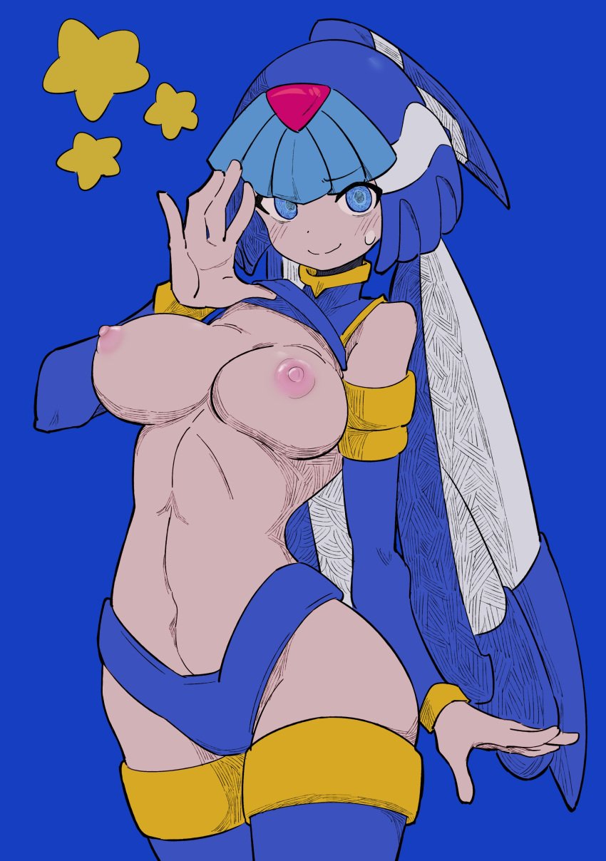 blue_background blue_eyes breasts buzzlyears capcom fairy_leviathan mega_man mega_man_zero nipples reploid smiling thighs