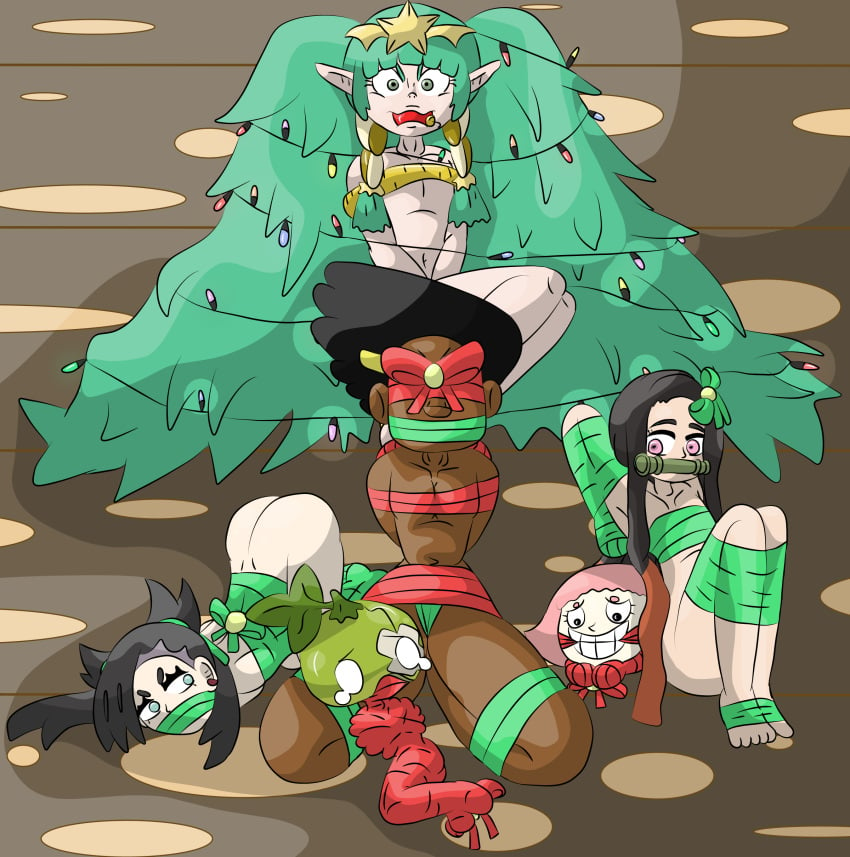 6+girls 6girls ass ass_up ball_gag big_ass black_hair character_request christmas christmas_lights completely_nude copyright_request crossover dark-skinned_female dark_skin demon_slayer dr.stone face_down_ass_up female female_only femsub fire_emblem fire_emblem:_three_houses gag green_hair improvised_gag kimetsu_no_yaiba kneeling long_hair looking_at_viewer marnie_(pokemon) multiple_girls nezuko_kamado nude nude_female pokemon protoy restrained sothis_(fire_emblem) suika_(dr.stone) very_long_hair