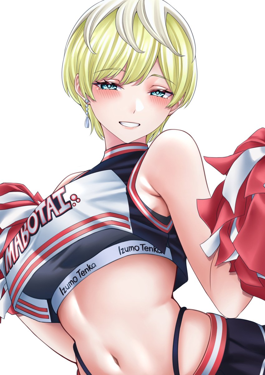 blonde_hair blonde_hair blue_eyes cheerleader cheerleader_uniform earring izumo_tenka large_breasts mato_seihei_no_slave pom_poms short_hair single_earring wanzi_(99wanzi99)