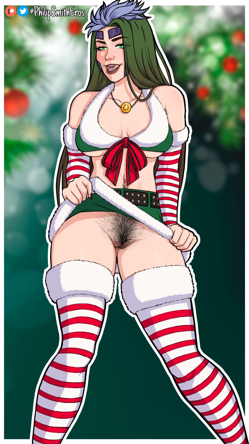 1girls big_ass big_breasts christmas european_mythology goddess green_hair multicolored_hair mythology nice_and_naughty_nu_wa philipsmitheros pubic_hair pussy roman_mythology smite solo terra_(smite) thick_thighs violet_hair