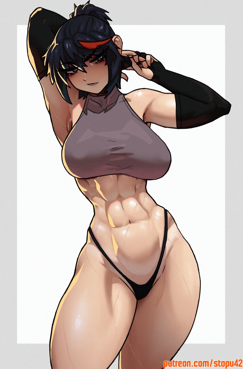 1girls abdomen abs adult_swim alternate_hairstyle armpit armpits arms_behind_head arms_up armwear bare_shoulders belly belly_button black_hair black_thong breasts dark_hair female_only fit fit_female half-dressed half_naked hips kill_la_kill matoi_ryuuko medium_breasts midriff navel nipples_visible_through_bra patreon_username simple_background small_waist solo sports sports_bra sportswear stopu striped_hair sweat sweating sweaty sweaty_body thong tomboy toned toned_belly toned_female toned_stomach toonami