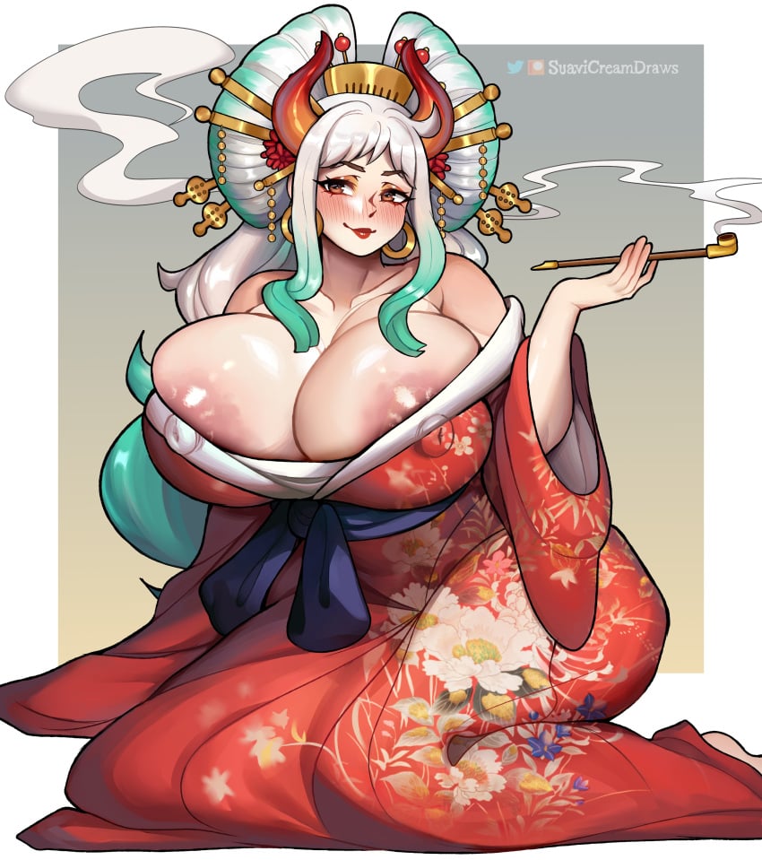 1girls areola_slip areolae big_areola breasts cleavage female female_only hair_ornament huge_areolae huge_breasts japanese_clothes kimono kiseru large_areolae light-skinned_female light_skin long_hair naughty_face nihongami oiran one_piece smile suavicreamdraws thick_thighs white_hair yamato_(one_piece)