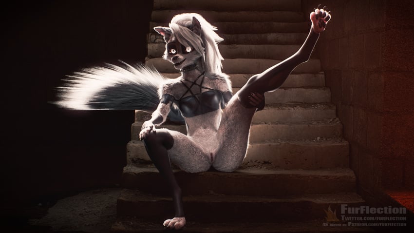 16:9 3d_(artwork) anthro black_clothing black_nails breasts canid canid_demon canine canis clothed clothing collar colored_nails demon digital_media_(artwork) female fluffy fluffy_tail fur furflection genitals glowing glowing_eyes hair hellhound helluva_boss hi_res legwear long_hair loona_(helluva_boss) mammal mythological_canine mythological_creature mythology nails pussy raised_leg red_sclera sitting solo spiked_collar spikes spread_legs spreading tail thigh_highs white_body white_fur white_hair widescreen wolf