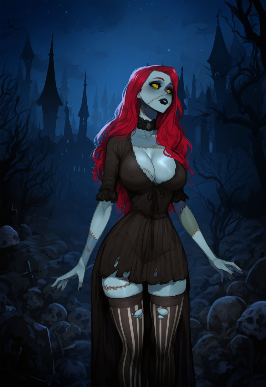 ai_generated fantasy female green_skin large_breasts original original_character patchwork_skin pumpkinseed red_hair slender_waist stitched stitches undead zombie zombie_girl