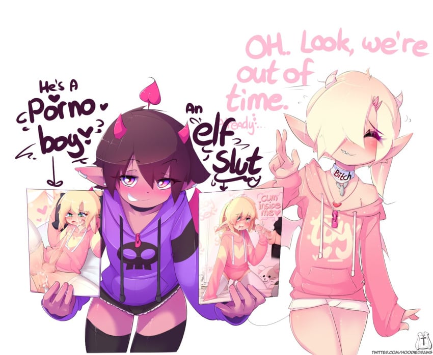 2boys 2d 2femboys anal bitch_collar black_hair black_thighhighs blonde_hair choker clothes_writing collar cum cum_drip cum_inside demon_boy elf elf_ears elf_male english_text facing_viewer femboy hair_over_one_eye handjob hoodie_(artist) horns juxtaposition max_(hoodie) medium_penis missionary multiple_boys photo photo_(object) pointy_ears purple_eyes sex sissy_choker succubus succubus_horns succubus_tail succubus_wings thighhighs trap vick_(hoodie) yaoi