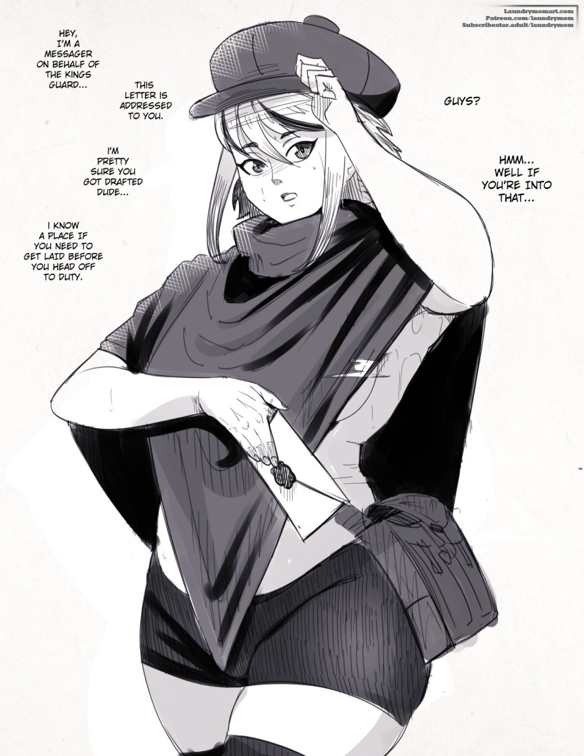 1boy armpit_sweat armpits clothing delivery_boy dialogue femboy hat ingram_(laundrymom) laundrymom letter male male_only messenger_bag original shorts sweat sweaty_armpits sweaty_body talking_to_viewer text thick_thighs wide_hips