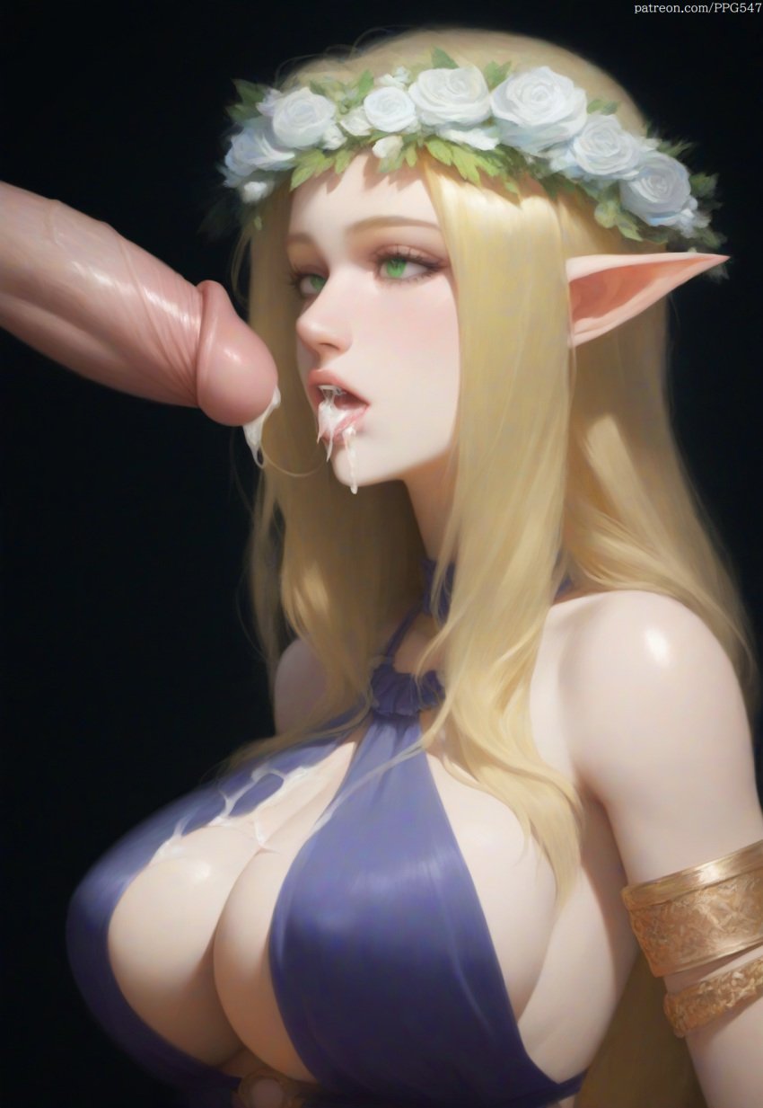 after_fellatio ai_generated armlet bare_shoulders blonde_hair celestine_lucross cleavage cum cum_on_clothes cum_on_tongue elf green_eyes head_wreath huge_breasts kuroinu_~kedakaki_seijo_wa_hakudaku_ni_somaru~ large_penis long_hair nai_diffusion pointy_ears pujopg revealing_clothes sideboob sidelocks simple_background torogao