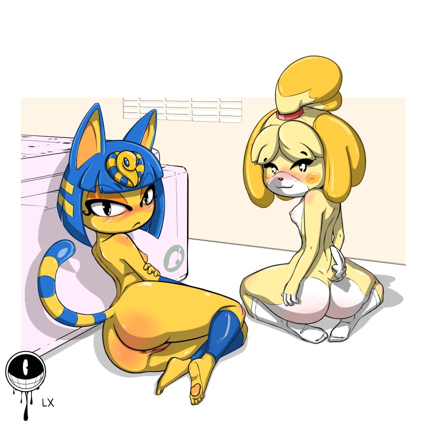 2girls animal_crossing animal_crossing_new_horizons animal_crossing_new_leaf ankha ankha_(animal_crossing) anus ass back_view bed bedroom black_eyes black_nose blush blush blush_lines blushing_female canine canine_humanoid cat_ears cat_girl cat_humanoid cat_tail catgirl clothed clothed_female clothes clothing dog_ears dog_girl dog_tail egyptian egyptian_cat egyptian_clothes egyptian_female eye_markings female female_focus female_only furry furry_ass furry_ears furry_female furry_only furry_tail isabelle_(animal_crossing) lx_art nintendo nipples nude nude_female pussy room simple_background smile tail wall window yellow_fur