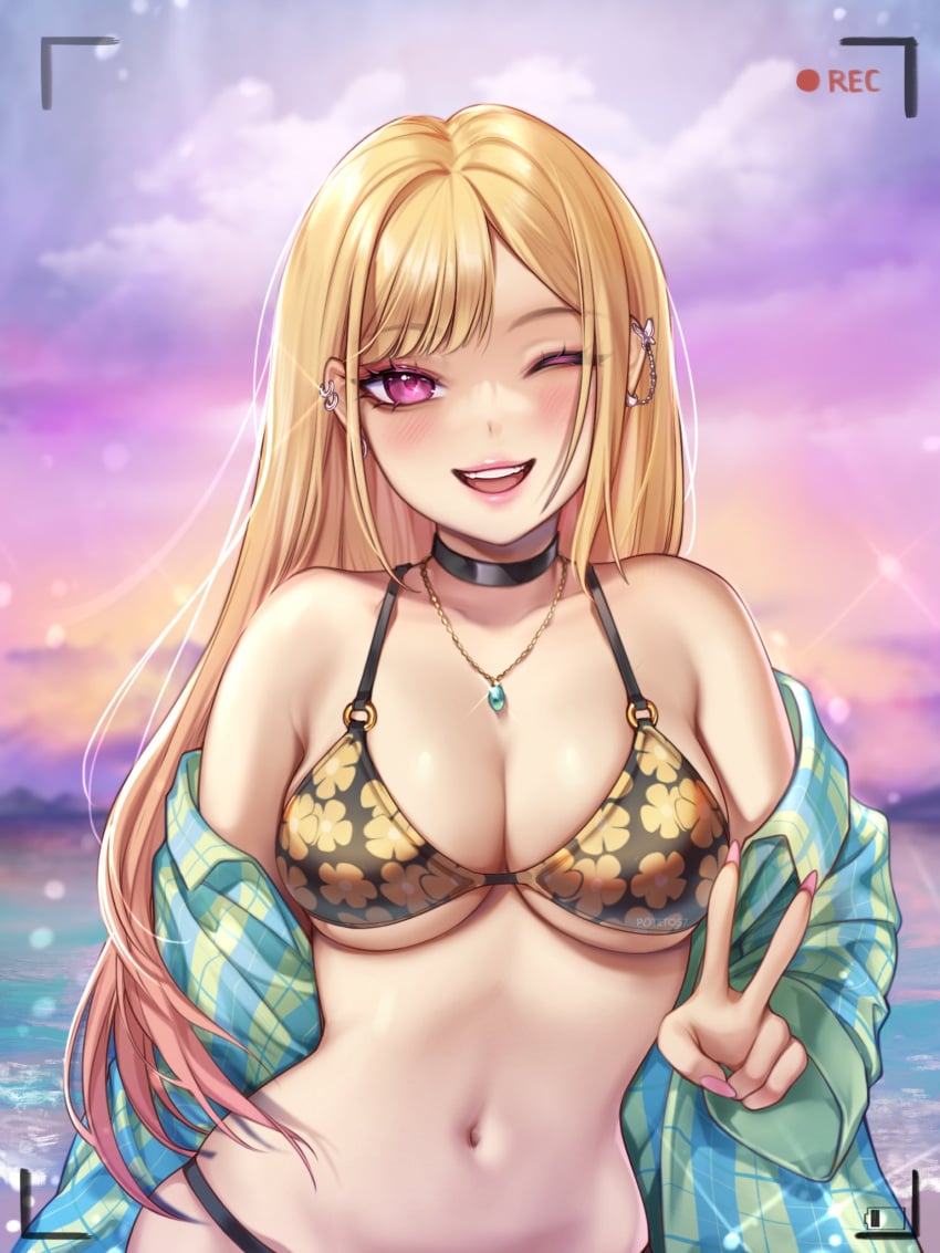 beach bikini blonde_hair breasts choker earrings female female_only gyaru kitagawa_marin peace_sign posing potetos7 solo sono_bisque_doll_wa_koi_wo_suru swimsuit tagme v_sign wink