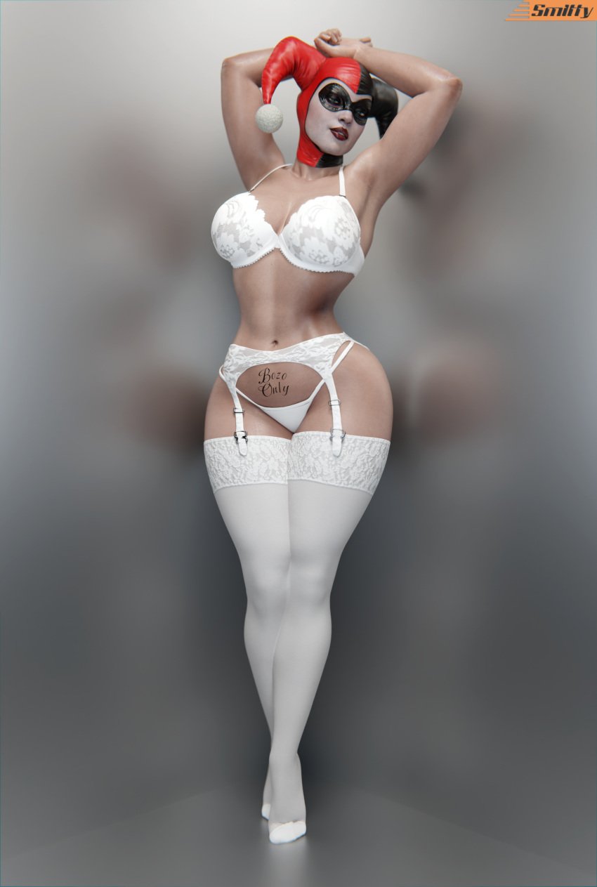 1girls 3d artist_name batman:_arkham_knight batman_(series) big_breasts bozo_pubic_tattoo bra busty curvaceous curvy curvy_figure dc dc_comics digital_media_(artwork) female female_only garter_belt harley_quinn harley_quinn_(classic) harley_quinn_(injustice) hips hourglass_figure huge_breasts injustice_2 large_breasts light-skinned_female light_skin lingerie panties pose posing pubic_tattoo smitty34 solo stockings thick_hips thick_thighs waist wide_hips