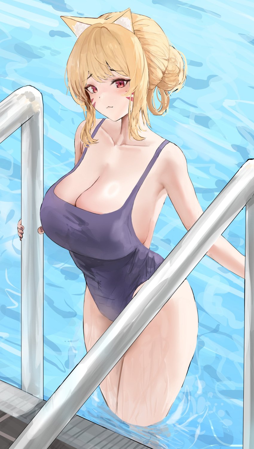 1girl animal_ears bangs bare_shoulders black_swimsuit blonde_hair blush breasts cat_ears cat_tail catgirl cleavage collarbone face_markings female female_only hair_bun large_breasts looking_at_viewer one-piece_swimsuit pool pool_ladder poolside pout red_eyes school_swimsuit sidelocks solo squchan_(vtuber) standing swimming_pool swimsuit thighs tied_hair virtual_youtuber vyugen water