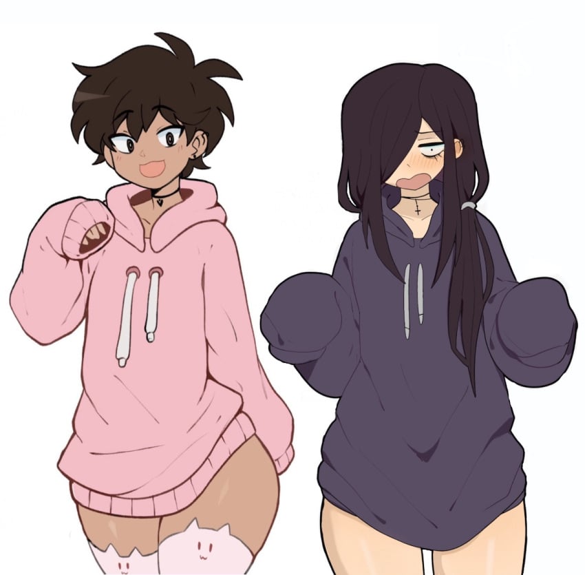 2femboys :3 anime_dork_boyfriend_meme brown_hair cat_thighighs choker collage dark-skinned_femboy dark_hair edit edited long_hair ms_pigtails pink_hoodie pink_thighhighs purple_hoodie roland_bonhomme sky_guy skyguyart thick_thighs third-party_edit