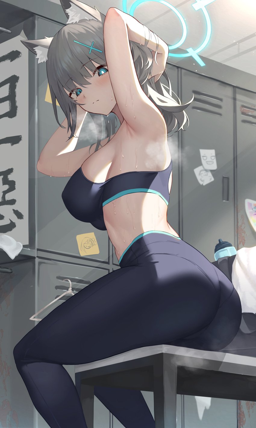 2024 adjusting_hair alternate_costume animal_ear_fluff animal_ears armpits arms_up ass black_sports_bra blue_archive bottle breasts clothes_hanger feet_out_of_frame female grey_hair halo hands_behind_head hi_res indoors jixo_(user_nzhc8728) large_breasts locker locker_room looking_at_viewer looking_to_the_side meme panties_under_yoga_pants pants shiroko_(blue_archive) sideboob sitting smelly_armpits solo sports_bra steaming_body sticky_note sweat towel tying_hair water_bottle wolf_ears yoga_pants