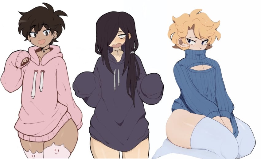 3boys 3femboys anime_dork_boyfriend_meme blonde_hair blue_thighhighs brown_hair cat_thighighs choker collage edit edited long_hair ms_pigtails pink_thighhighs purple_hoodie roland_bonhomme sergey_sokolov sitting_on_knees sky_guy skyguyart thick_thighs third-party_edit turtleneck_sweater white_background