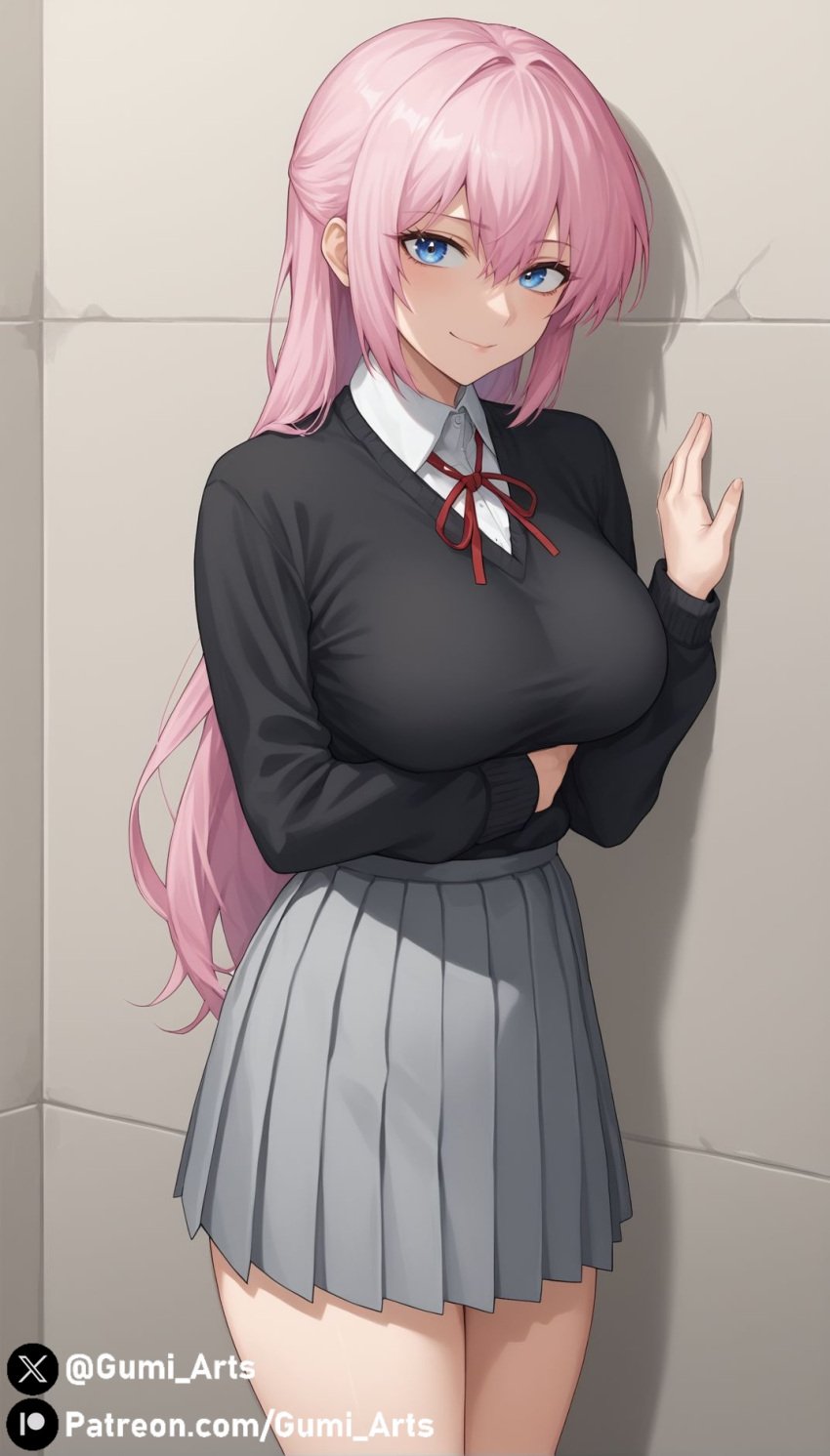 1girls against_wall ai_generated blue_eyes gumi_arts kawaii_dake_ja_nai_shikimori-san large_breasts pink_hair pleated_skirt school_uniform shikimori_(kawaii_dake_ja_nai) shikimori_micchon smile stable_diffusion sweater