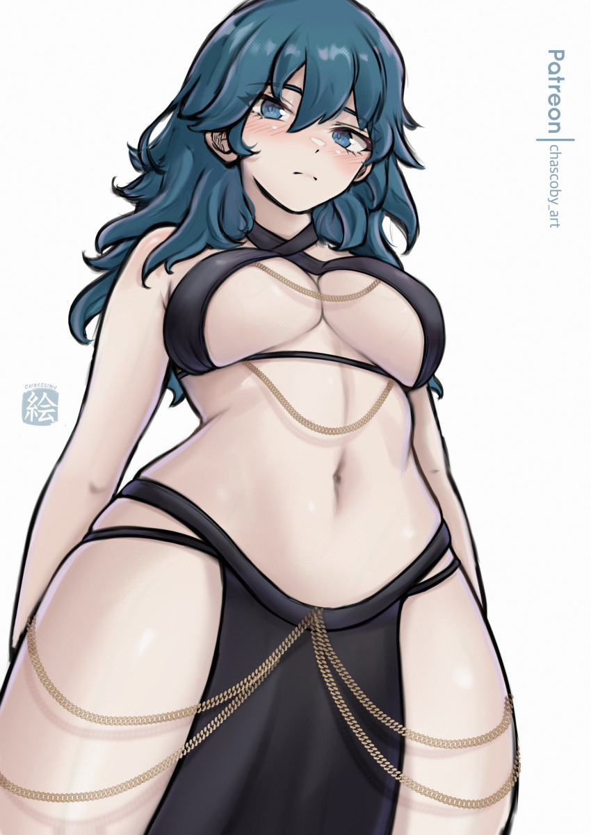 1girls absurdres alternate_version_available artist_name bare_arms bare_shoulders blue_eyes blue_hair breasts byleth_(female)_(fire_emblem) byleth_(fire_emblem) byleth_(fire_emblem)_(female) chascoby cowboy_shot criss-cross_halter female female_only fire_emblem fire_emblem:_three_houses fully_clothed halterneck harem_outfit highres long_hair looking_down medium_breasts navel nintendo pelvic_curtain revealing_clothes simple_background solo standing stomach teal_hair white_background yomorio_lingerie