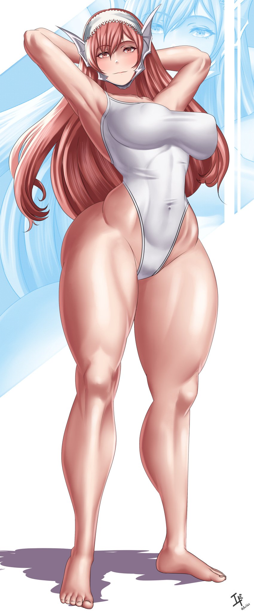 1girls arcedo armpits arms_behind_head bare_arms bare_legs barefoot breasts cherche_(fire_emblem) covered_nipples female female_only fire_emblem fire_emblem_awakening full_body large_breasts legs leotard long_hair looking_at_viewer muscular muscular_female nintendo red_eyes red_hair smile solo very_long_hair wide_hips