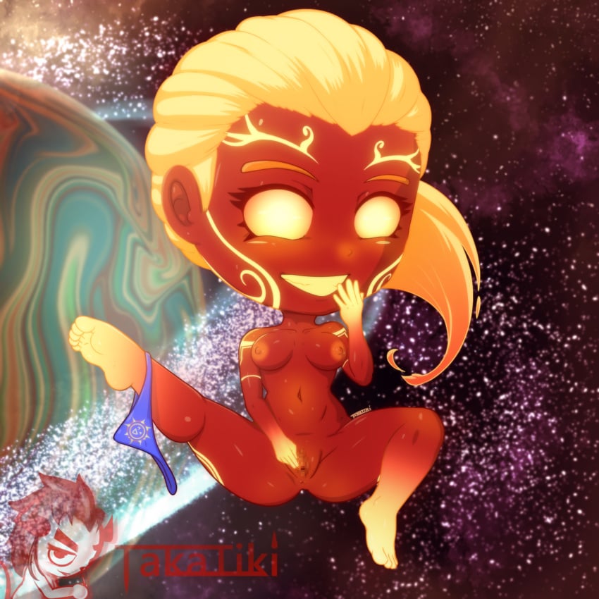 chibi chibi_style european_mythology mythology norse_mythology orange_body presenting presenting_pussy pussy smite sol_(smite) spread_legs takatiki