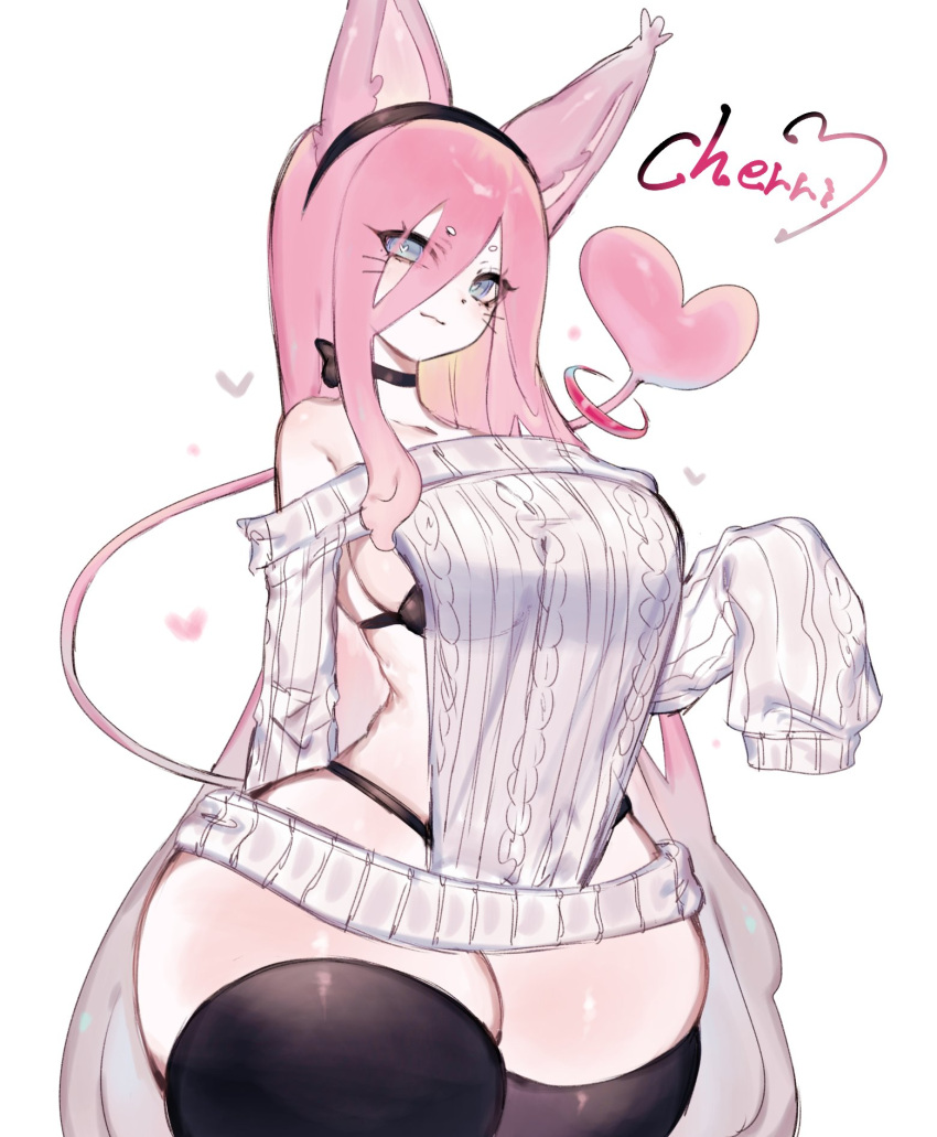 1girls black_thighhighs blue_eyes cat_ears cat_tail catgirl female female_only heart-shaped_pupils hi_res long_hair looking_at_viewer original original_character pink_hair smiling smiling_at_viewer solo sweater tail text thick_thighs thighhighs toge77789 togetoge virgin_killer_sweater whiskers white_background wide_sleeves