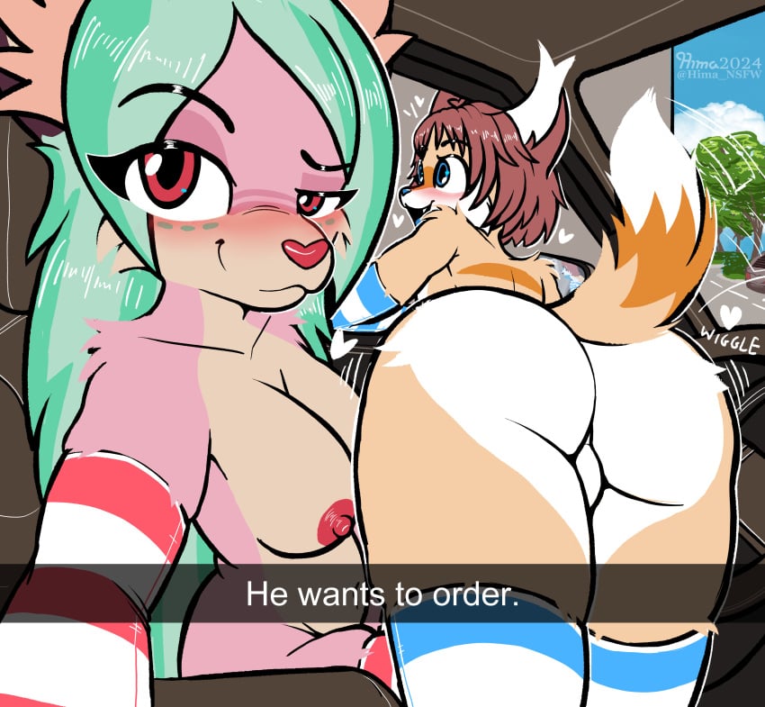 absurd_res ande_(hima_nsfw) anthro areola arm_warmers armwear ass big_butt blue_arm_warmers blue_armwear blue_clothing blush breasts brown_hair butt_focus canid canine car_interior clothing duo felid feline female fox fur green_hair hair he_wants_to_order heart_symbol hi_res hima_nsfw himalaya_(hima_nsfw) hybrid legwear long_hair looking_at_viewer lynx male male/female mammal meme open_mouth orange_body orange_fur ordering_food pattern_armwear pattern_clothing pattern_legwear pattern_thigh_highs pink_body pink_fur red_arm_warmers red_armwear red_clothing selfie shaking_butt smile smirk striped_armwear striped_clothing striped_legwear striped_thigh_highs stripes tail tail_motion tailwag tan_body tan_fur thigh_highs vehicle white_body white_fur window