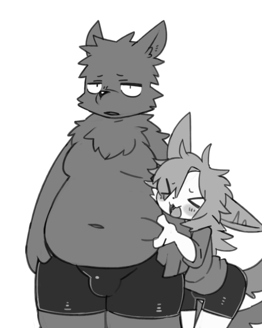 >o< 2024 4:5 absurd_res annoyed_expression anthro belly_grab boxer_briefs boxer_briefs_only bulge clothed clothing duo female hi_res loomy_(comifur) male male/female monochrome nifram_logan open_mouth pizademokttero simple_background size_difference slightly_chubby topless underwear underwear_only