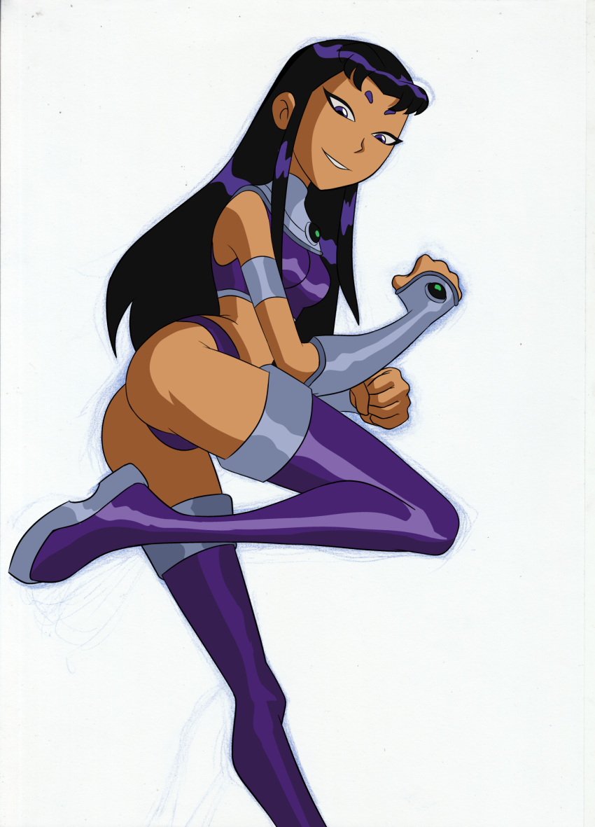 1girls accurate_art_style ass black_hair blackfire boots curvy curvy_figure dc dc_comics female female_only long_hair medium_breasts no_skirt panties purple_boots purple_eyes purple_panties simple_background solo solo_female stuff18over teen_titans thigh_boots white_background