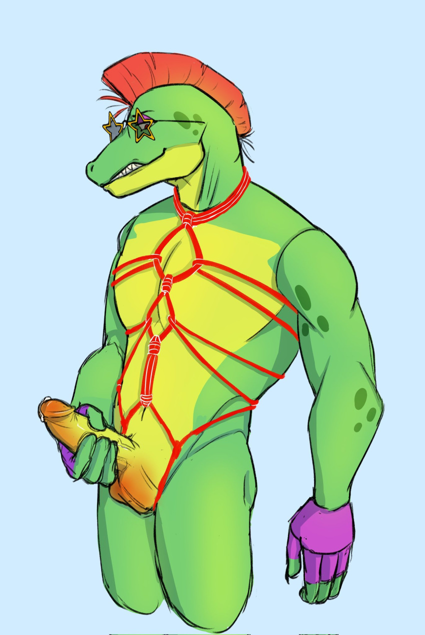 1boy 1male alligator alligatorid anthro anthro_focus anthro_only bondage boner crocodile crocodilian crocodylid digital_drawing_(artwork) digital_media_(artwork) erection fingerless_gloves five_nights_at_freddy's furry furry_male furry_only glasses gloves grabbing_penis handjob holding_penis jerking jerking_off male male_anthro male_focus male_only masturbating masturbation mohawk mohawk_(hairstyle) montgomery_gator_(fnaf) mulkogimo nude penile_masturbation reptile reptile_humanoid rope rope_bondage smile smiley_face smiling solo solo_anthro solo_focus solo_in_panel solo_male star_glasses sunglasses tied