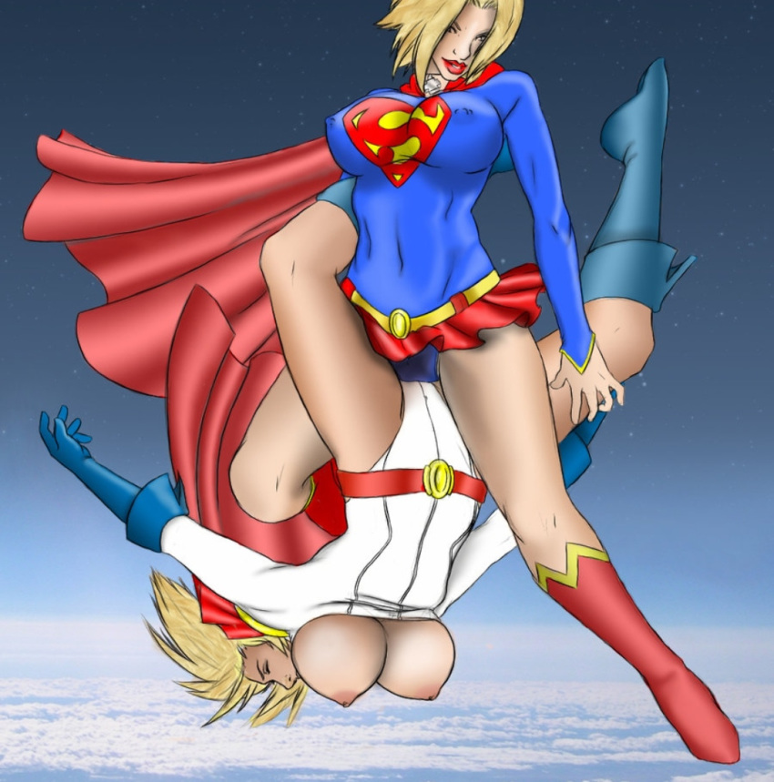 2girls airborne blonde_hair breasts breasts_out clothing color colored dc dc_comics dress earth erect_nipples erect_nipples_under_clothes female female_only flying idolmonkeh large_breasts multiple_girls nipple_bulge pokies power_girl powerbook125 scissoring short_hair skirt space supergirl superman_(series) tribadism tribadism_through_clothing yuri