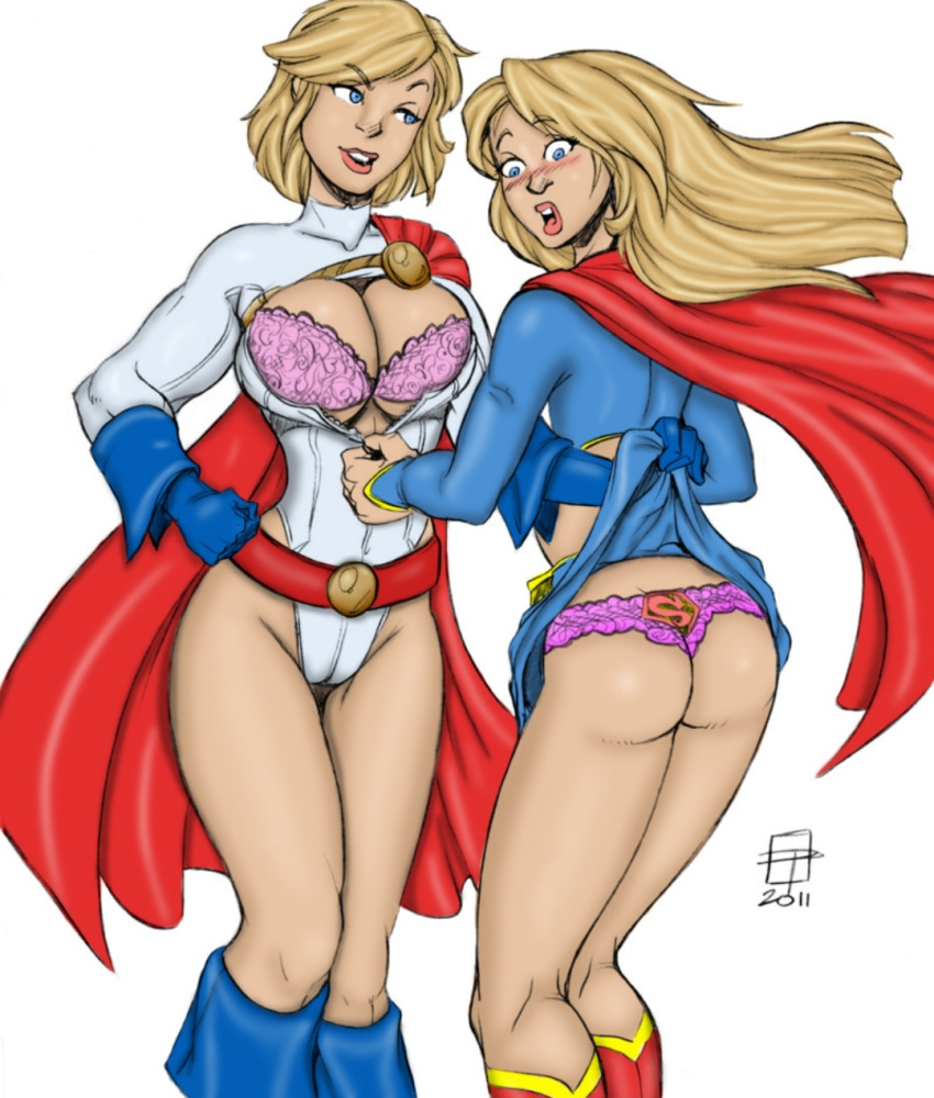 2011 2girls ass blonde_hair blue_eyes bra breasts callmepo color colored dc dc_comics female female_only lace lace-trimmed_bra lace-trimmed_panties lingerie panties power_girl selfcest skirt_lift supergirl supergirl_panties superhero superheroine superman_(series) uncensored underwear undressing