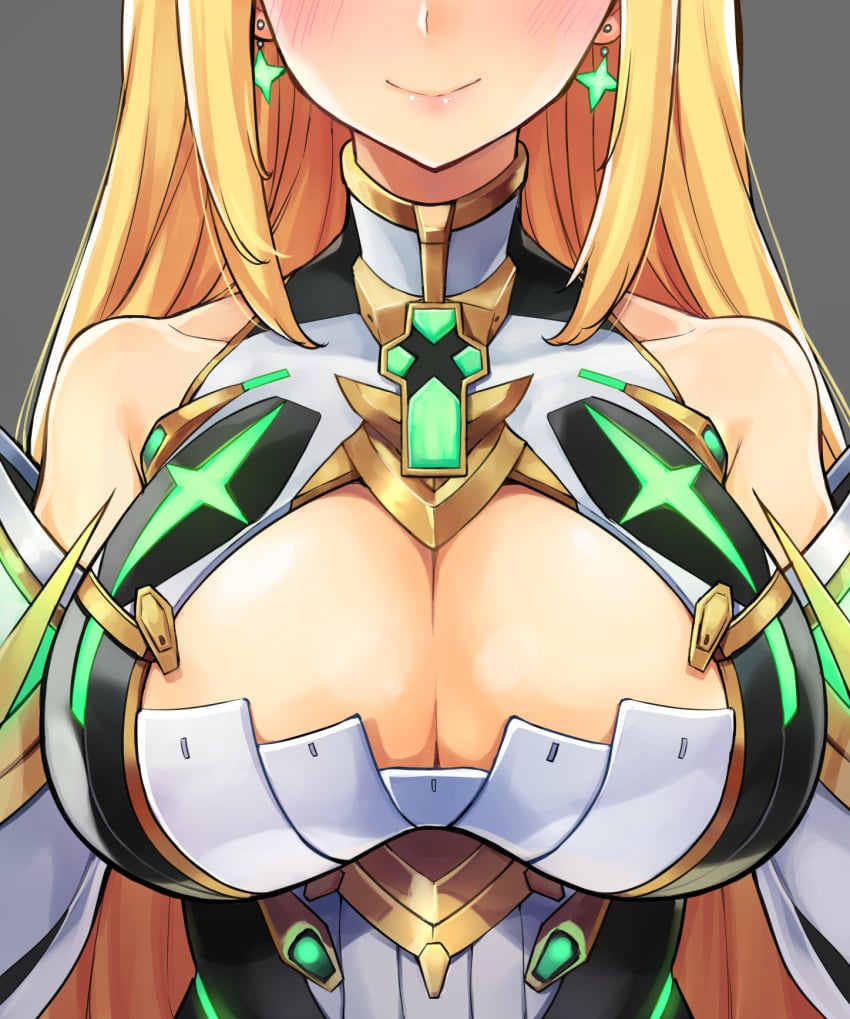 bare_shoulders blonde_hair blush breasts cleavage cleavage_cutout collarbone detached_sleeves ereraero female grey_background head_out_of_frame highres large_breasts lips long_hair mythra nintendo sidelocks simple_background solo straight_hair upper_body xenoblade_(series) xenoblade_chronicles_2