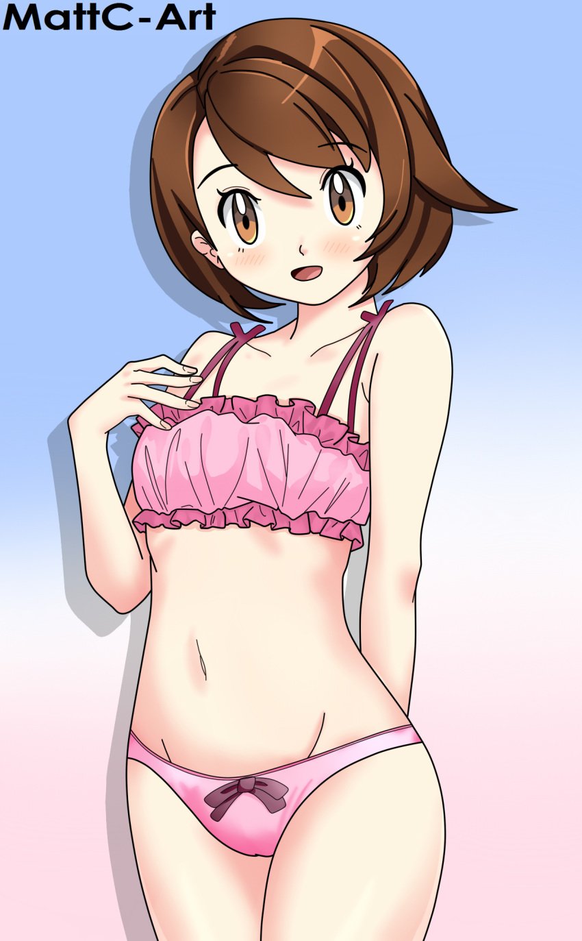 1girls 2019 artist_name bow_panties bra brown_eyes brown_hair female female_only flat_chest game_freak gloria_(pokemon) gradient_background human human_only legs_together mattc-art nintendo open_mouth panties pink_bra pink_panties pokemon pokemon_ss short_brown_hair short_hair small_breasts solo