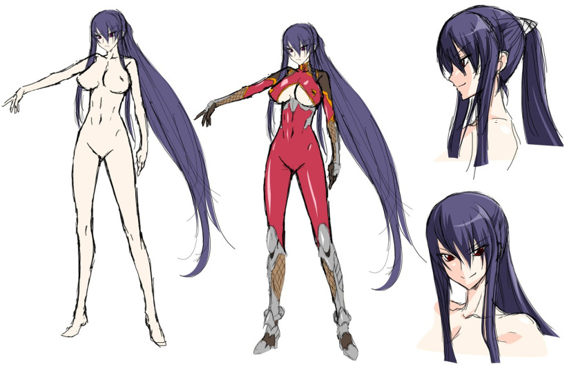 00s akiyama_rinko aoi_nagisa_(metalder) barefoot blue_hair bodysuit breasts character_sheet female female full_body large_breasts lilith-soft long_hair multiple_views nude sketch smile solo taimanin_(series) taimanin_asagi taimanin_yukikaze very_long_hair