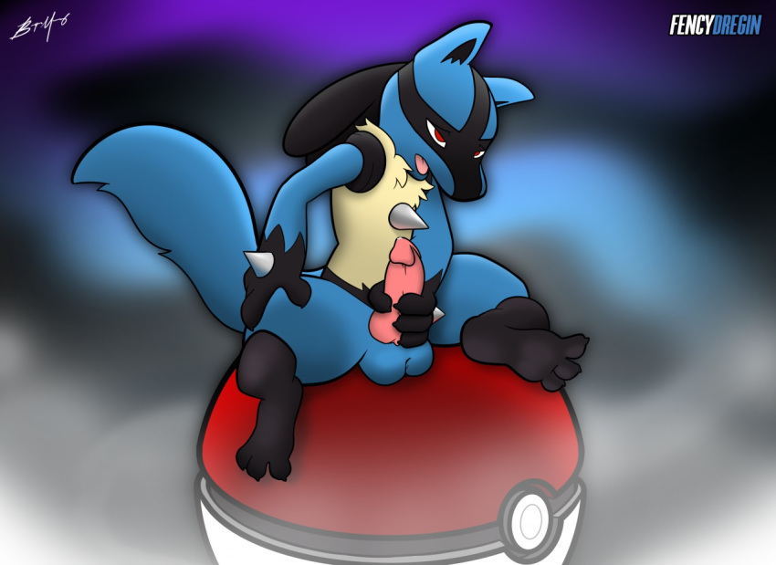 2019 balls canid canine fencydregin hi_res lucario male male_only mammal masturbation nintendo penis pokéball pokemon pokemon_(species) signature sitting solo video_games