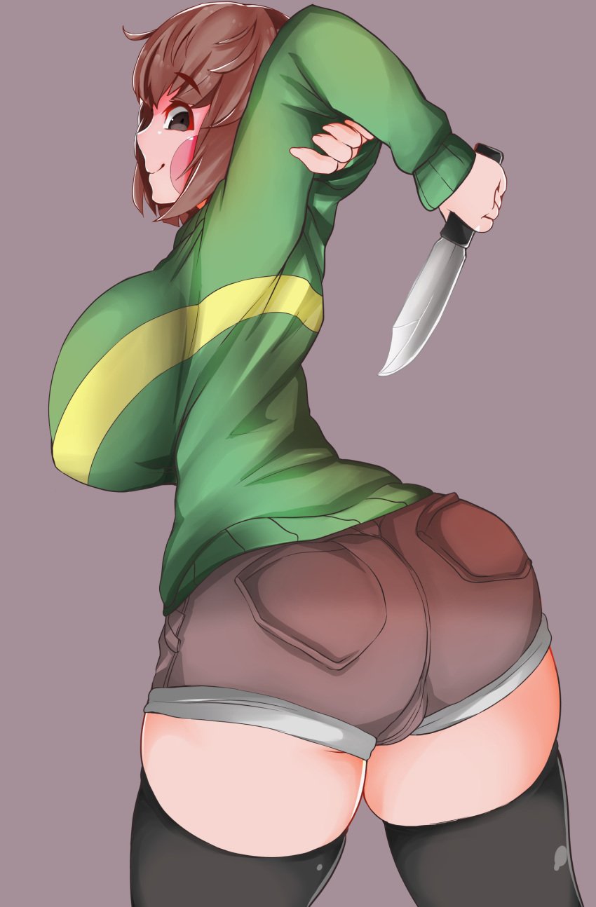 1girls 2d ass big_ass big_breasts booty_shorts brown_eyes brown_hair censored chara clothed female female_only fully_clothed huge_breasts human human_female human_only knife large_breasts looking_at_viewer looking_back ratetaso rosy_cheeks smile solo solo_focus thick_thighs thighhighs thighs undertale undertale_(series) zettai_ryouiki