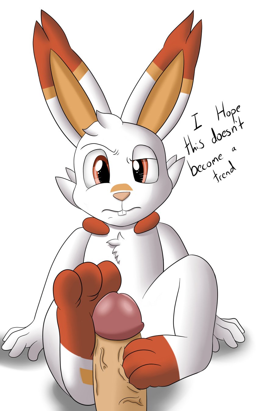 1boy 2019 3_toes 4_fingers annoyed disgust feet feral foot_fetish footjob foxkai fur furry humanoid_penis lagomorph male male_only male_pov mammal nintendo paws penis pokémon_(species) pokemon pokemon_ss pov scorbunny solo text toes video_games white_fur