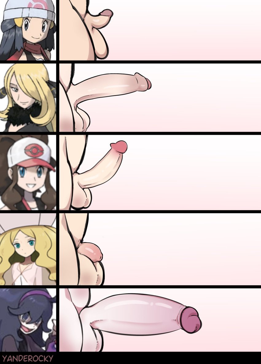 5futas absurd_res artist_name big_penis blonde_hair brown_hair caitlin_(pokemon) creatures_(company) cynthia_(pokemon) dark_hair dawn_(pokemon) erection foreskin futa_only futanari game_freak hex_maniac hi_res hilda_(pokemon) micropenis nintendo npc_trainer penis penis_focus penis_size_comparison penis_size_difference pokemon pokemon_bw pokemon_champion pokemon_dppt pokemon_xy size_chart size_comparison testicles uncensored yanderocky