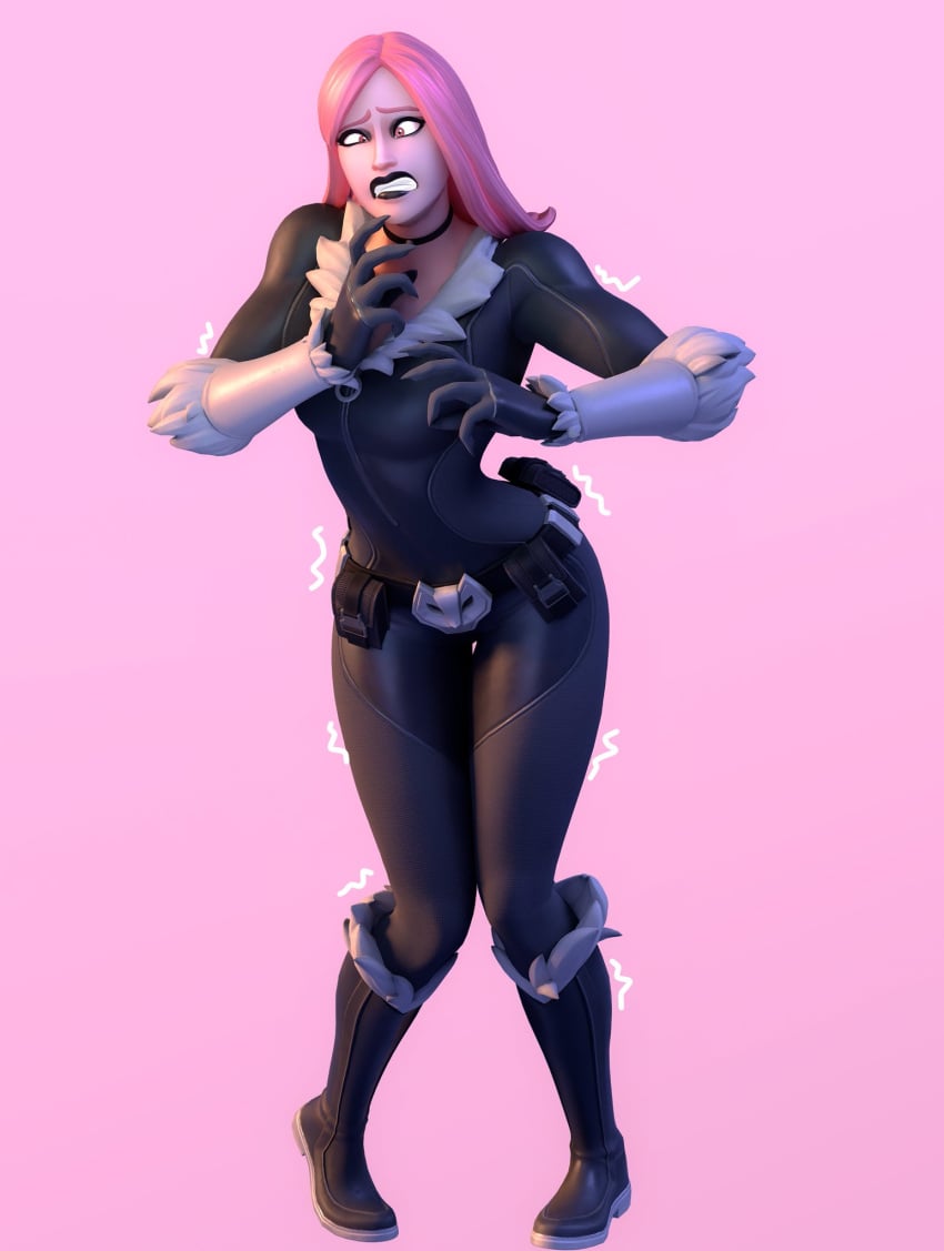 1girls 3d_(artwork) black_cat_(cosplay) curvy fortnite fortnite:_battle_royale haze_(fortnite) hivypi marvel marvel_comics nervous pink_hair tight_clothing