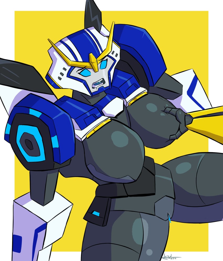 1boy 1girls big_breasts blue_eyes breast_grab bumblebee_(transformers) grabbing_breasts helmet huge_breasts no_nipples pussy pussy_juice redartist saliva strongarm_(transformers) transformers transformers_robots_in_disguise_(2015) vagina