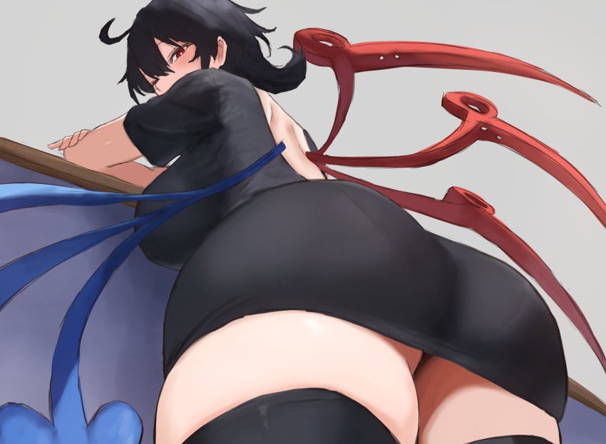 ass ass_focus asymmetrical_wings black_dress black_hair black_thighhighs breasts dress from_below highres houjuu_nue huge_ass large_breasts looking_at_viewer moriforest1040 nue_houjuu pantylines red_eyes short_hair thighhighs touhou wings