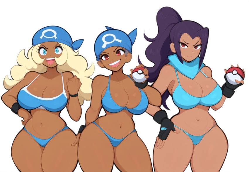 3girls ai_generated bandana bikini black_hair blonde_hair dark_skin evil frown large_breasts mullon novelai poke_ball pokemon pokemon_oras pokemon_rse smile team_aqua team_aqua_grunt team_aqua_grunt_(female) thick_thighs trio